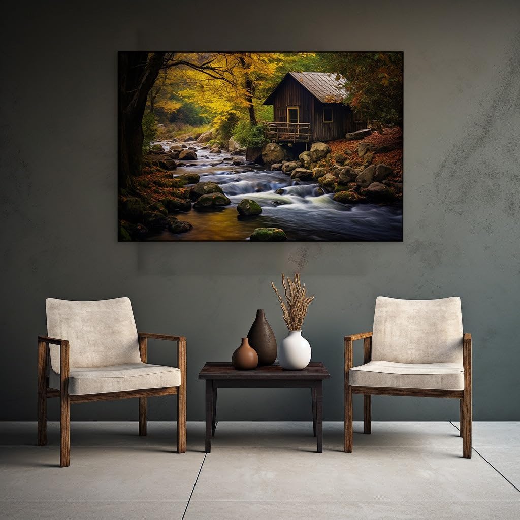Canvas for Living room. Whispers of Serenity Among Autumn Woods � Discover the Rustic Retreat by the Waterfall River, 27 x 18 inch Canvas Wall Art - Contemporary Masterpieces - Modern Home Decor
