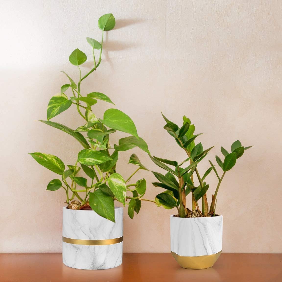 homenote White Ceramic Flower Pot Garden Planters 6/4.8 inch Pack 2 Indoor, Plant Containers with Marble Texture and Gold Detailing