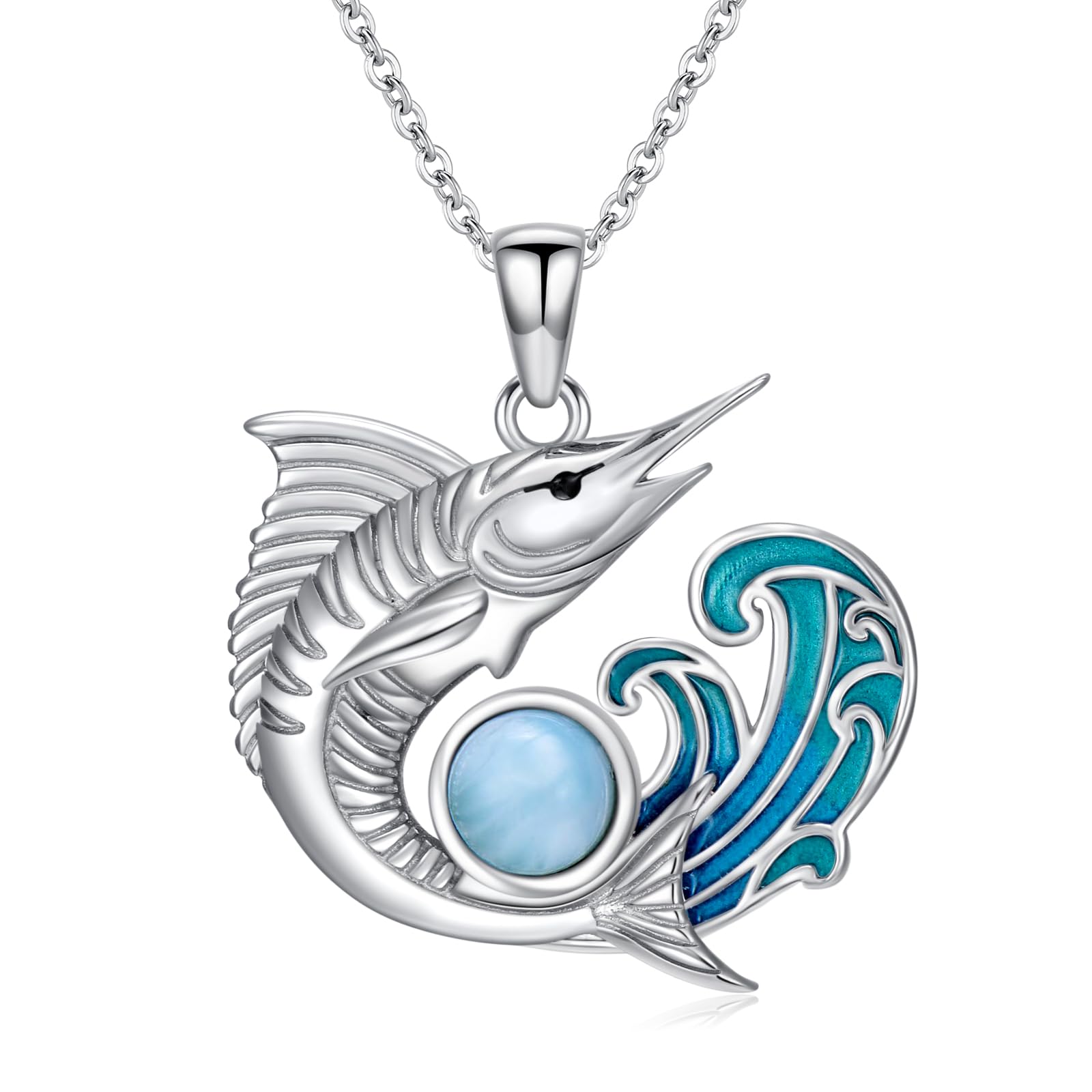 Schwertfisch-Halskette 925er-Sterlingsilber blauer Larimar-Edelstein Wellenform Segelfisch-Anhänger Ozean Meeresschmuck für Damen
