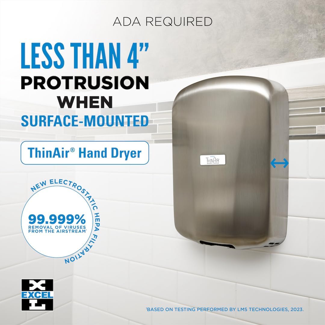 THINAIR Excel Dryer Hand Dryer with Electrostatic HEPA Filtration, American Made, Slim, Brushed Stainless Steel Cover, ADA Compliant, Surface Mounted (110/120 Volts)
