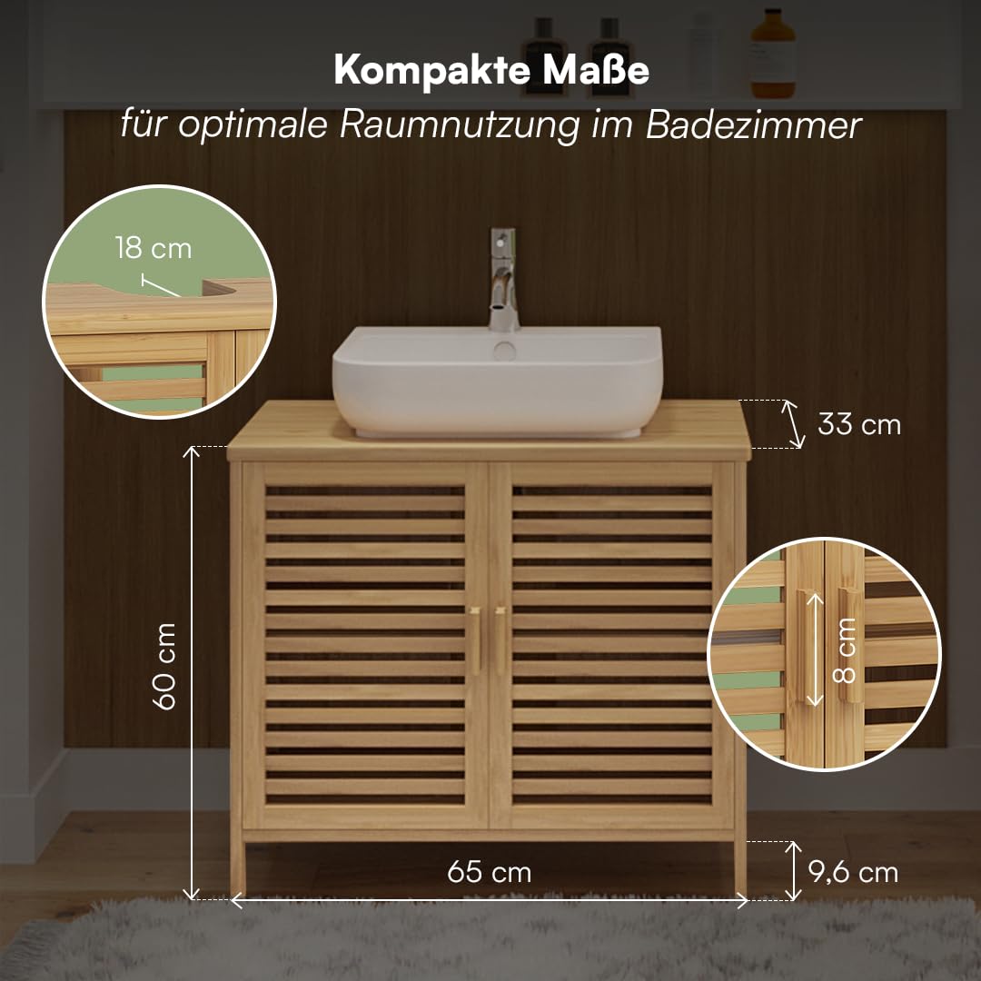 Bellamio Newa Waschbeckenunterschrank Bambus – Badezimmer Unterschrank für Waschbecken mit 2 Türen – Badunterschrank mit 2 Fächern – Waschtischunterschrank Bad 60x65x33 cm