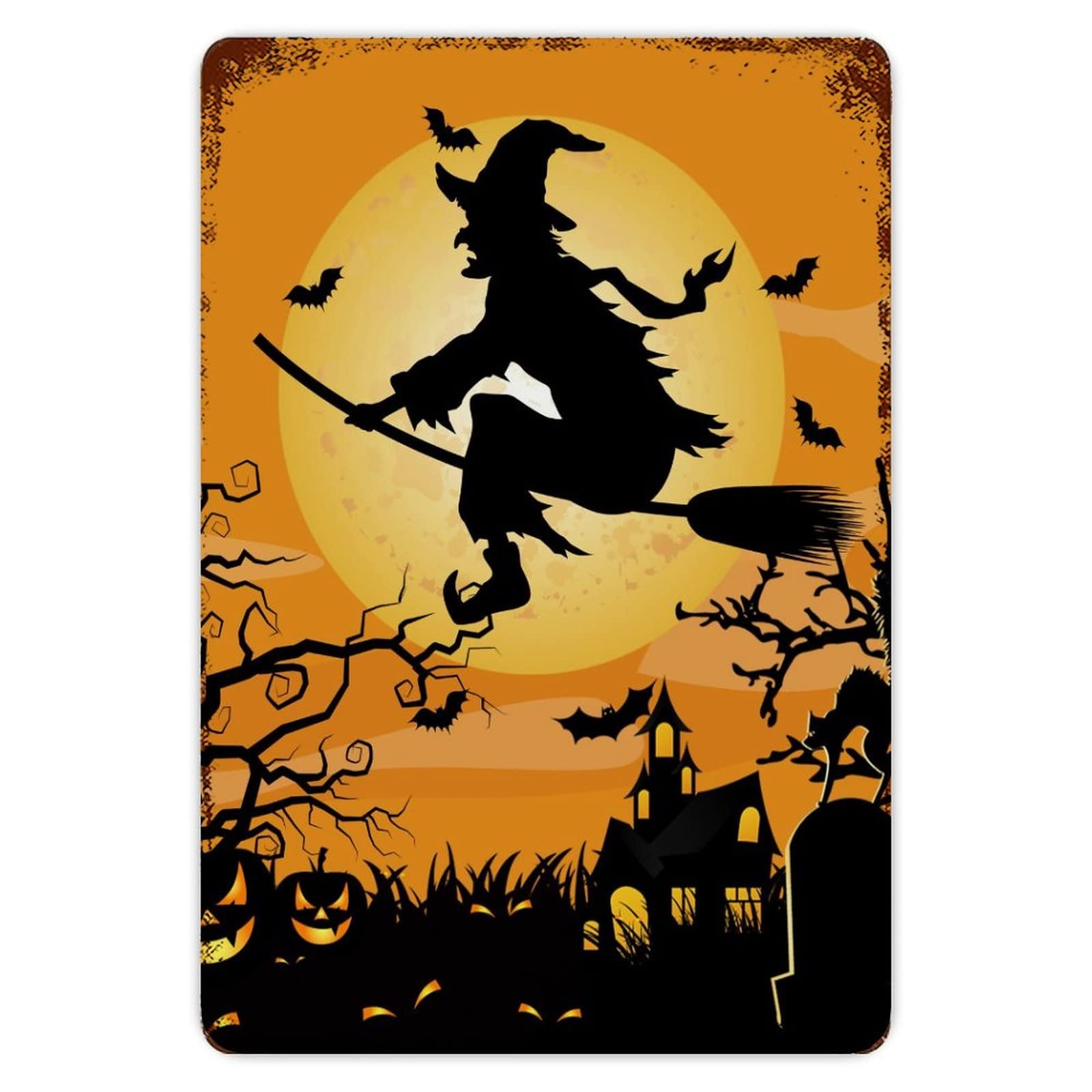 ENEDNATE Happy Halloween Flying Witch Castle Bats Ghosts Grave Vintage Metal Sign 8x12 Decorative Aluminum Tin Sign for Indoor Outdoor Kitchen Bar Restaurant Cafe Pub Wall Art Decor Poster