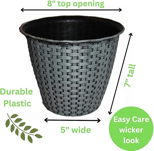 Miniatura 3 de Maceta de mimbre de plástico de aspecto tejido, redonda, para interiores y exteriores, contenedor decorativo duradero de 8 pulgadas, elegante y