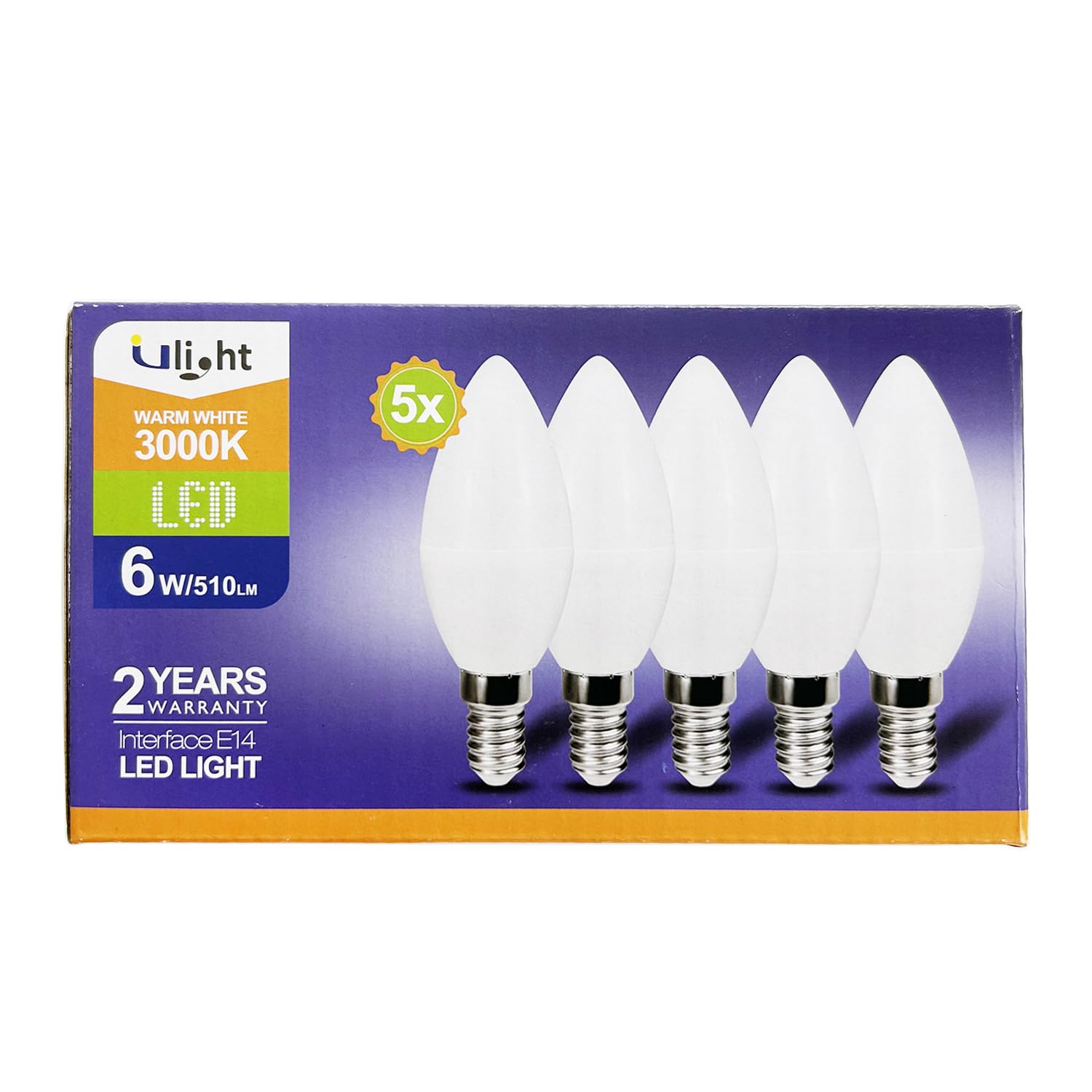 ULIGHT Lampadina LED E14 Oliva, 6W Equivalente a Incandescente da 50W, Luce Bianca Calda 3000K, 510 Lumen, 220V-240V Non Dimmerabile, Fascio Luce 210°, Confezione da 5 Pezzi