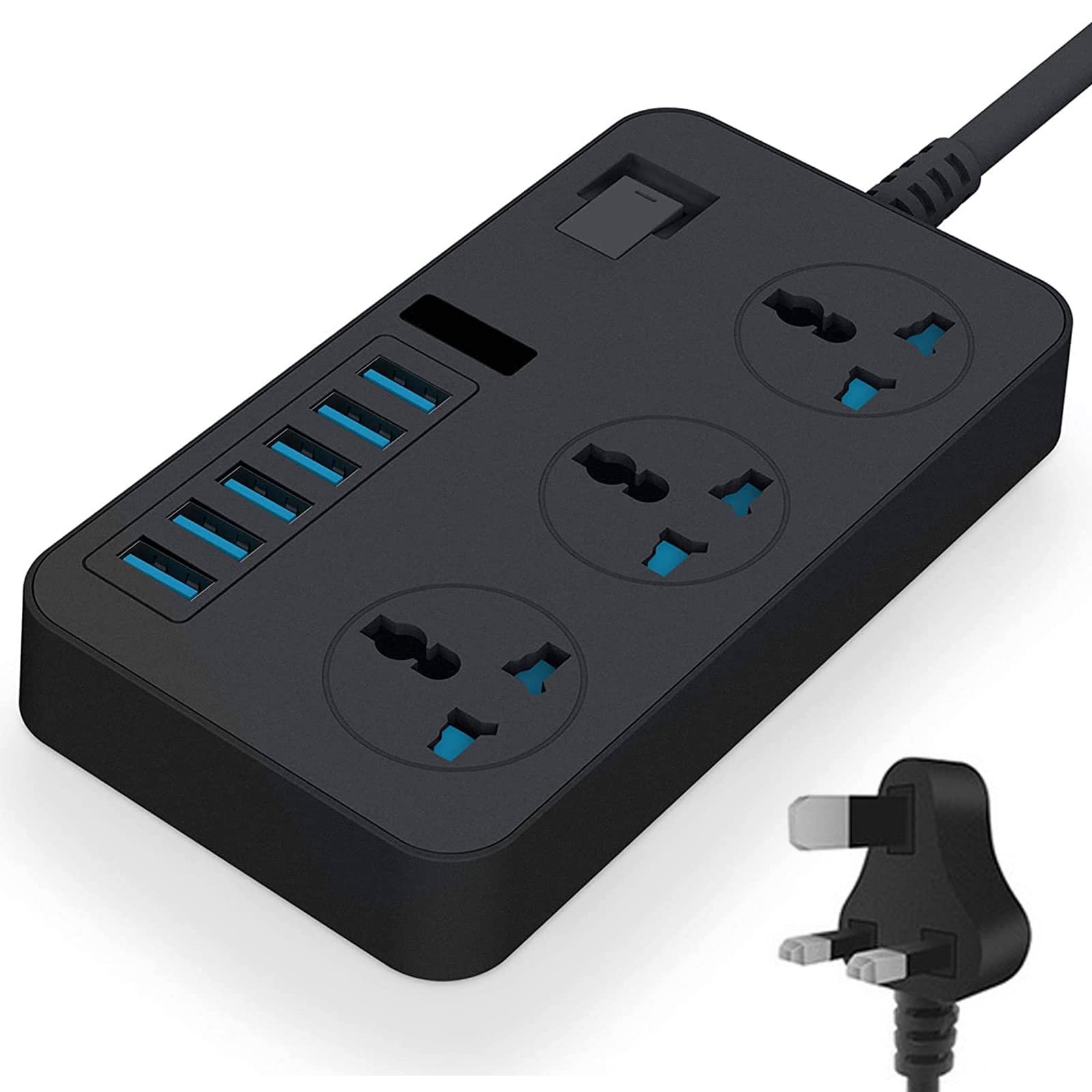BURDEANUniversal Power Strip 3 Way Outlets 6 USB Plug Ports 3000W/16A, Surge Protector Power Socket Switch Portable Charger with 2M Wall Plug Adapter Extension Cord, Fuse & Shutter Extension Lead