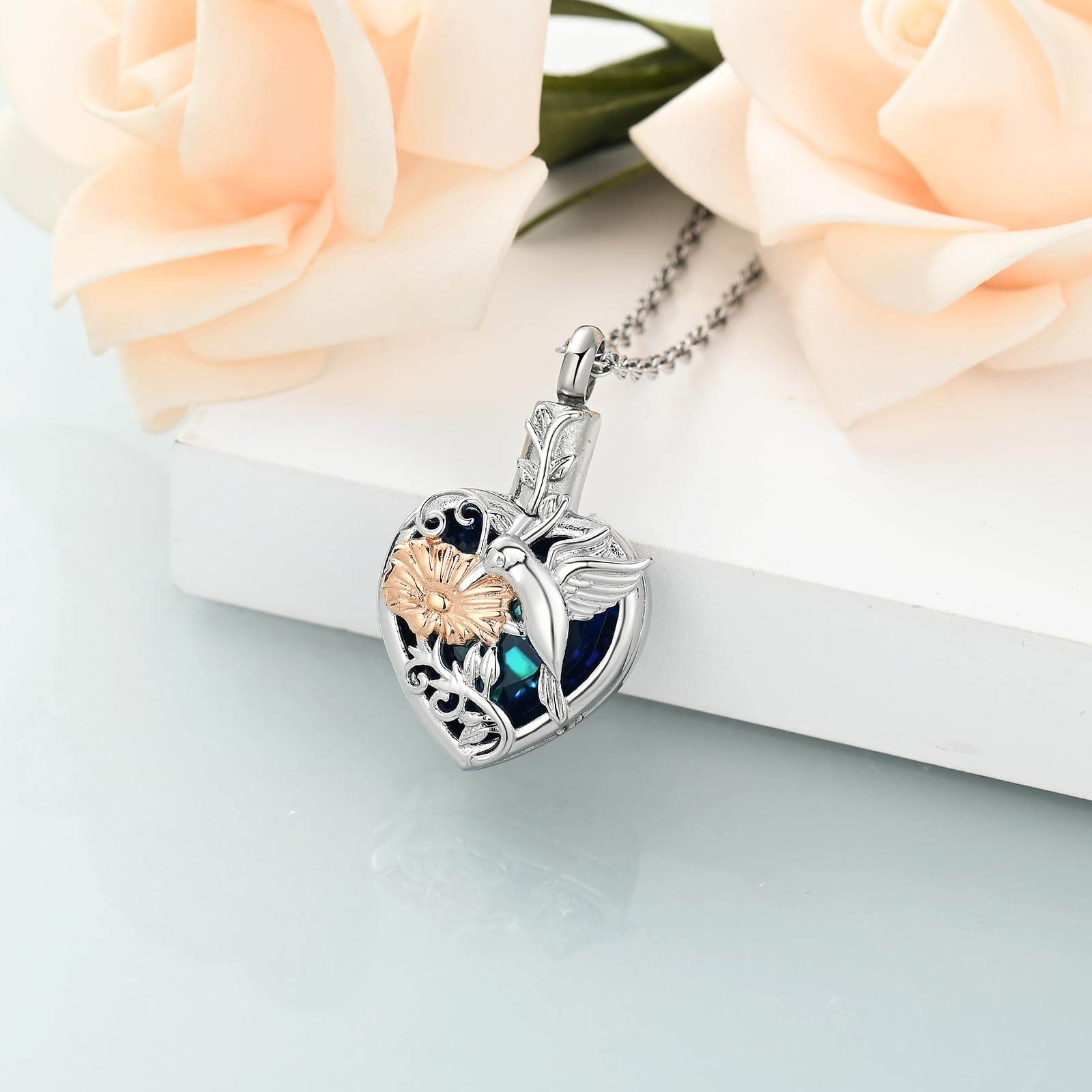 QGJNSGC Cremation Jewelry Hummingbird Urn Necklace for Ashes Necklace for Human Ashes Keepsake Memorial Cross Urn Necklaces for Ashes of Loved Ones Cat Pet (Silver Gold-blue) - Image 4