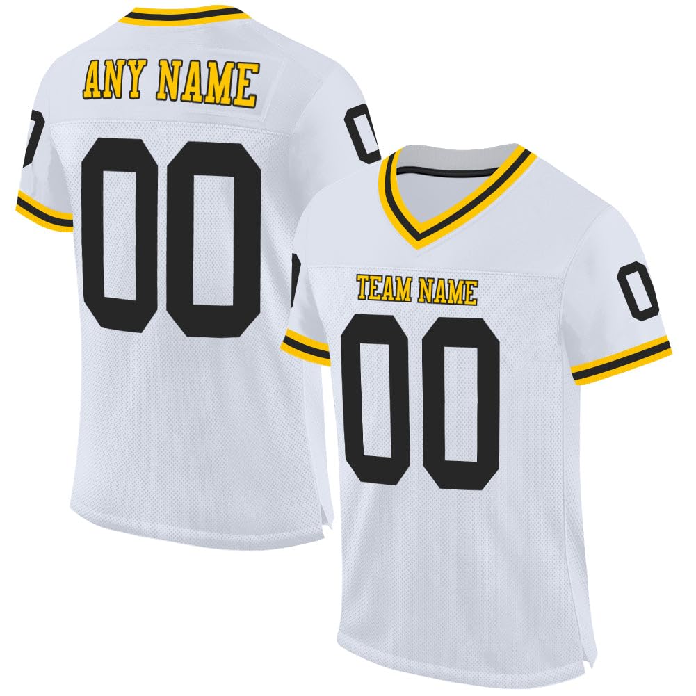 Custom Men Women Youth Blank Football Jersey, White and Black Yellow, Athletic Sports Shirt Personalized Name Number