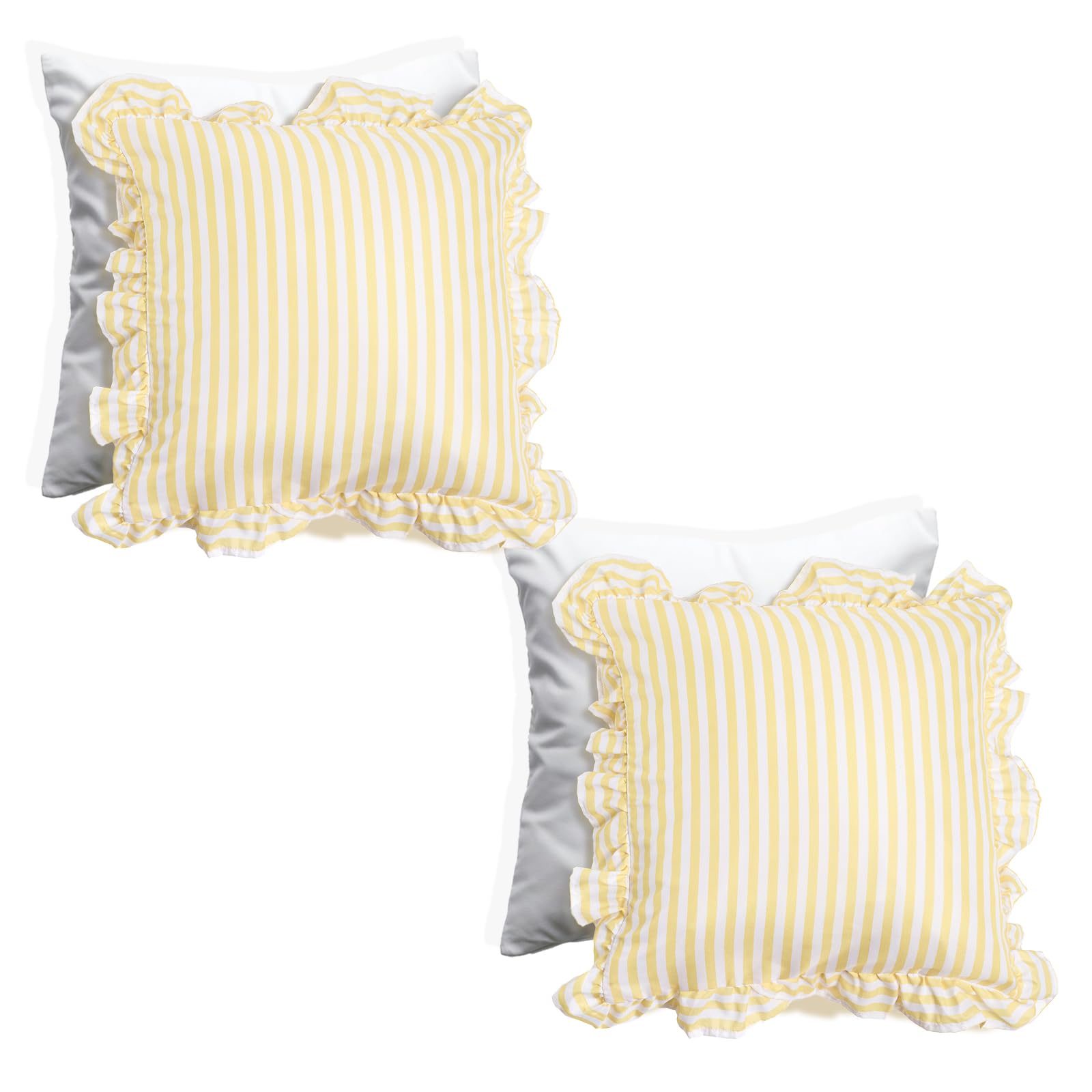 Ohs Women's Lemon - Stripe Filled Cushions With Covers 45 X 45Cm Set Of 2 Stripe, Soft Comfy Frill Edge Throw Pillow Covers With Invisible Zipper Sofa Cushions For Bedroom Living Room, Lemon