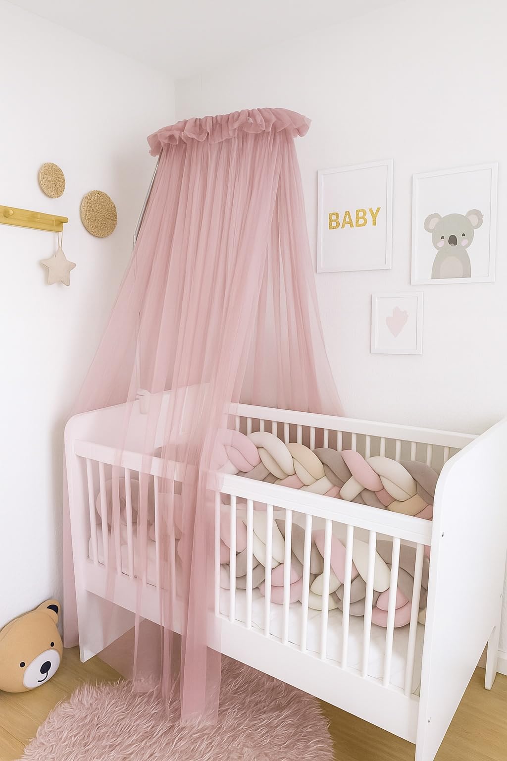 Baby Fancyroom Betthimmel für Babybett Gitterbett Kinderbett 300x180 cm – feiner Tüll, handgefertigt, eleganter Volant – erhältlich in Beige, Blau, Altrosa, Ecru (Altrosa)