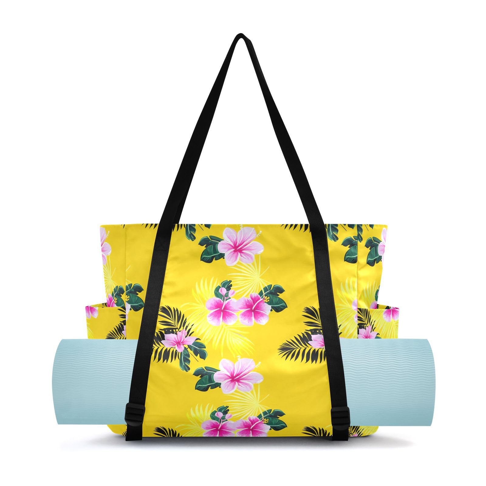 Lxqimora Hibiscus Palm Leaves Yellow Yoga Mat Bag for Women Water-Resistant Gym Bag with Yoga Mat Holder Tote Bag for Pilates Gym Yoga Travel
