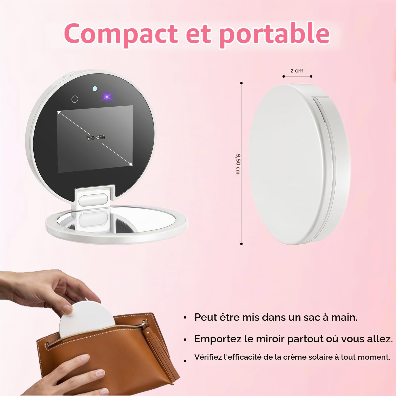 Vanexiss - Caméra UV pour test de protection solaire avec miroir UV de 3,8 pouces | 2 miroirs grossissants rechargeables avec miroir de poche double face pour protection de la peau (blanc)