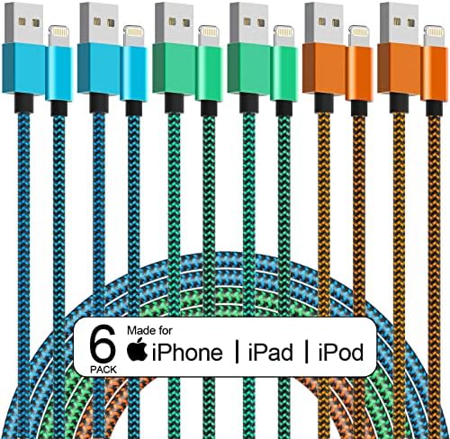MUXA 6 Pack [Apple MFi Certified] 3/3/6/6/10/10 FT iPhone Charger Colorful Nylon Lightning Cable Compatible iPhone 13 mini/13/12/11 Pro Max/XS MAX/XR/XS/X/8/7/Plus/6S/6/SE/5S/iPad