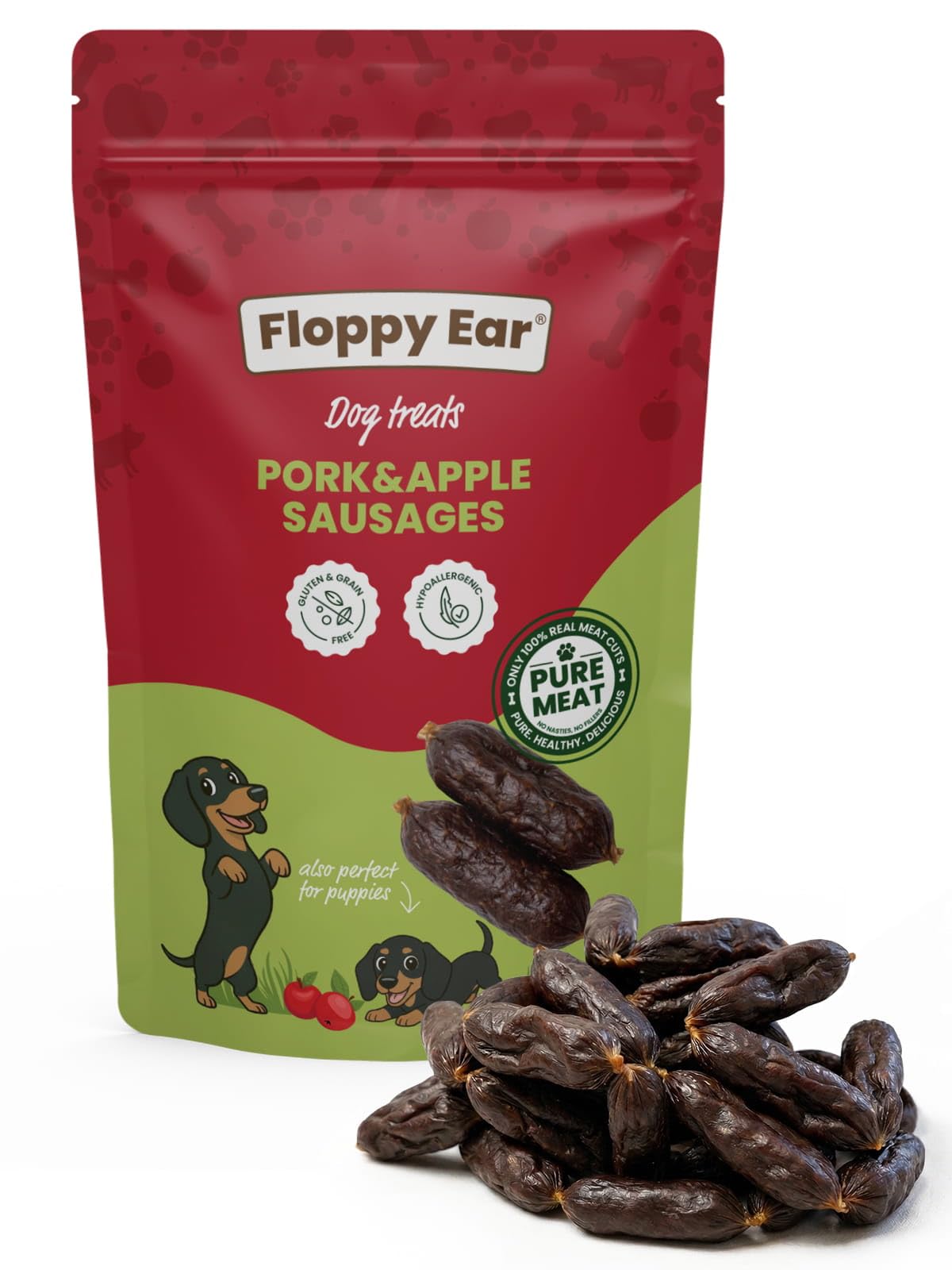 Floppy Ear Soft Pork & Apple Sausages Dog Treats 100g - 82.5% Real Pork, Grain Free & Gluten Free, Hypoallergenic Soft Training Treats with Apple - for Puppies & Adult Dogs