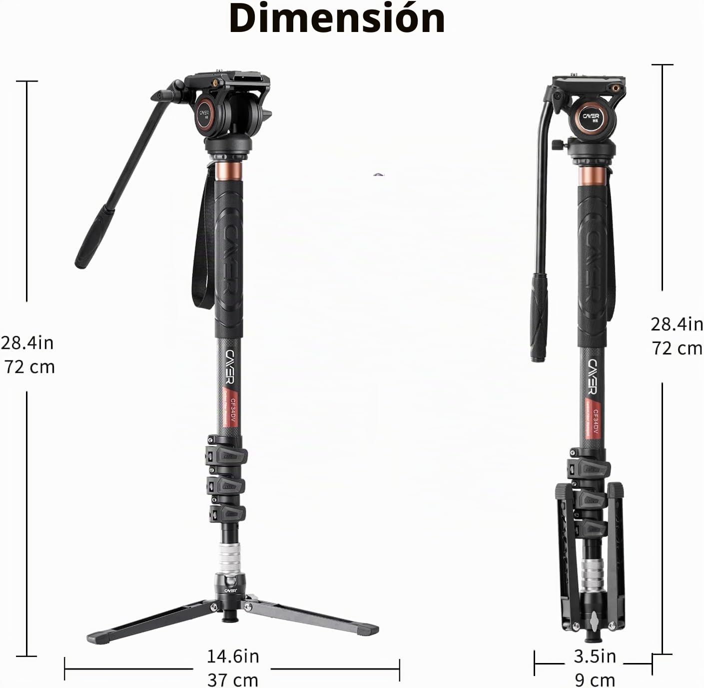 Cayer CF34DV Monopod para Video Profesional Cámara telescópica de Fibra de Carbono de 71 "Monopod con Cabezal de Movimiento de inclinación Horizontal y Base de trípode de 3 Patas