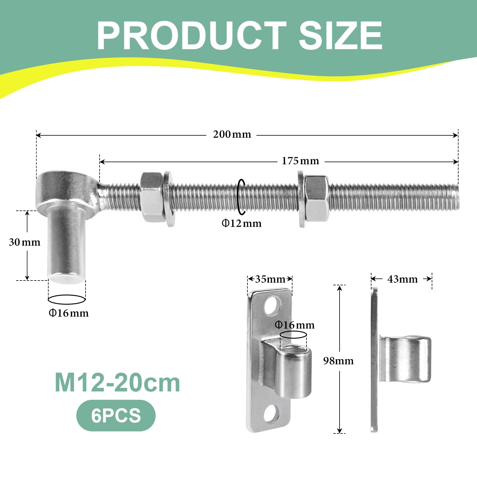 SUPAWAY Pack of 6 M12 Gate Hinges 20 cm J Bolt Gate Hinge, Heavy Duty Garden Gate Hinge, Fence Hinges, Adjustable Bolt Hinge - Image 2