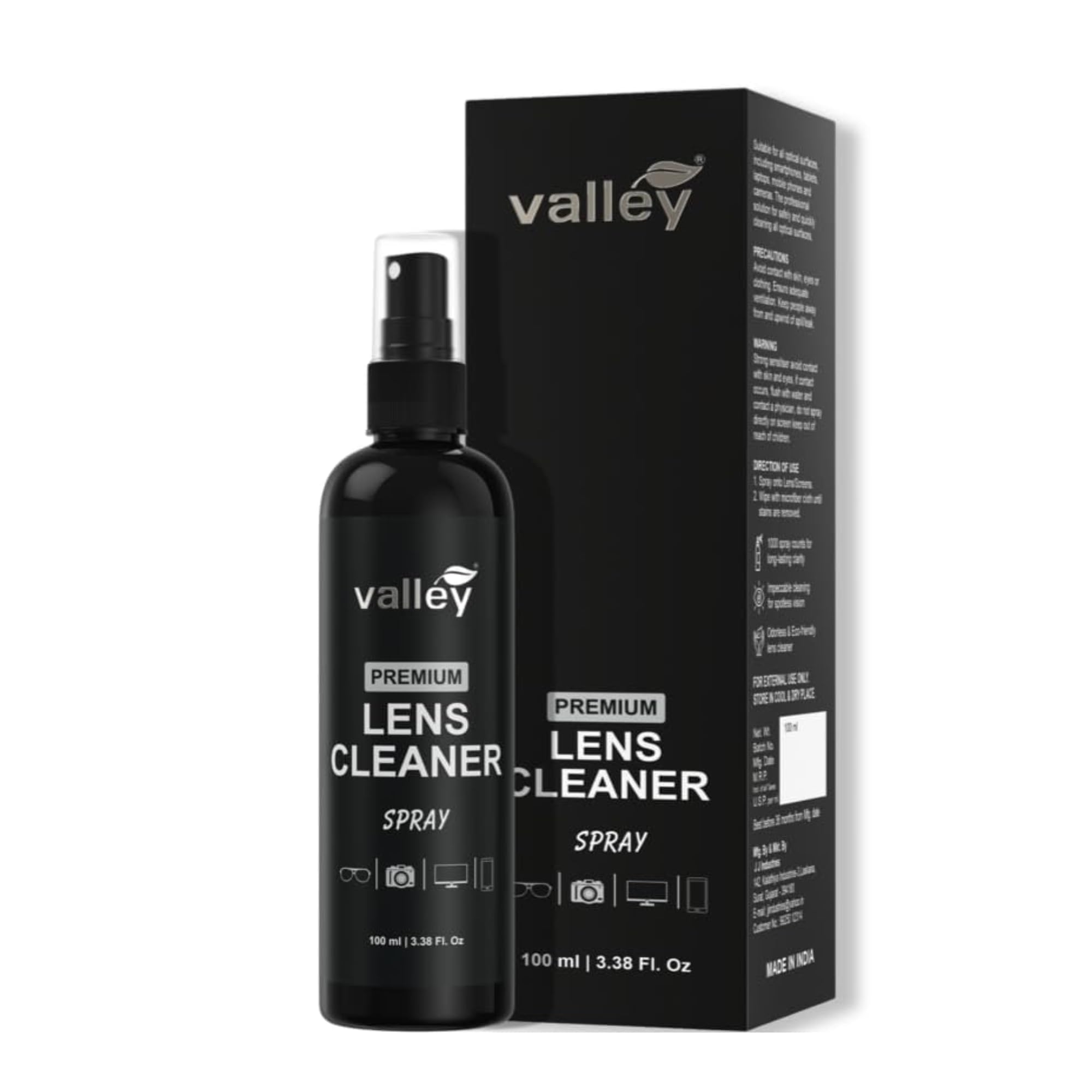 Valley Lens & Screen Cleaner Spray 100ml | Streak-Free Anti-Static Formula for Spectacles, Phones, Laptop & Camera Lens