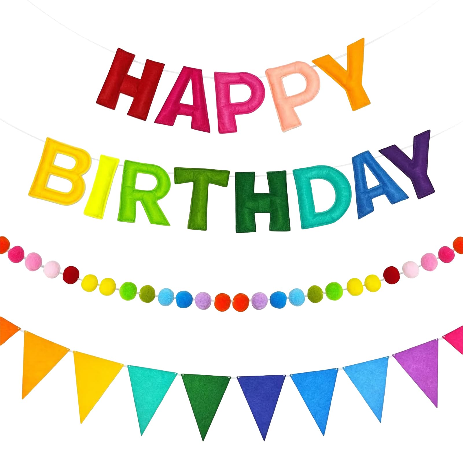 Pre-Strung Happy Birthday Decorations with 3D Happy Birthday Felt Banner Sign, Felt Ball Garland & Triangle Bunting, Reusable Rainbow Party Decorations for Girls Boys Women Men