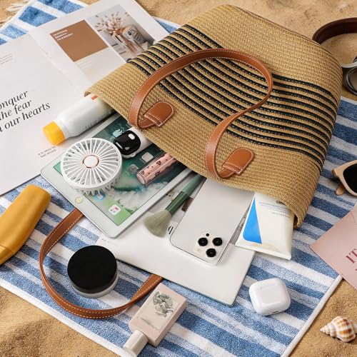 Image of Trifabricy Beach Bags for Women, Summer Beach Tote Straw Purse Shoulder Handbags Large Straw Beach Bag for Summer Travel