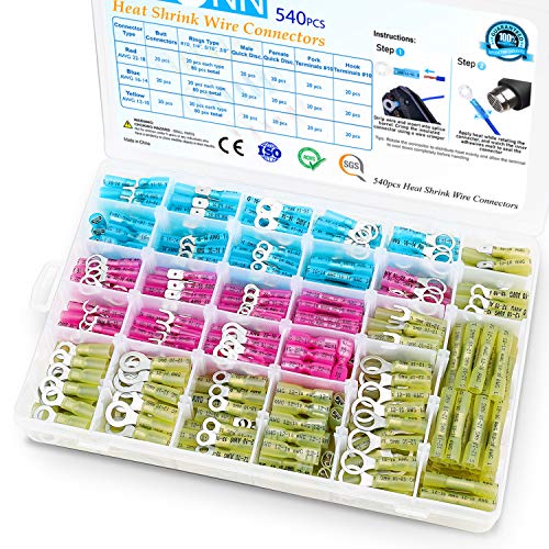 TICONN 540 PCS Heat Shrink Wire Connectors, Waterproof Automotive Marine Electrical Terminals Kit, Crimp Connector Assortment - Ring Fork Hook Spade Butt Splices (540PCS Combo)