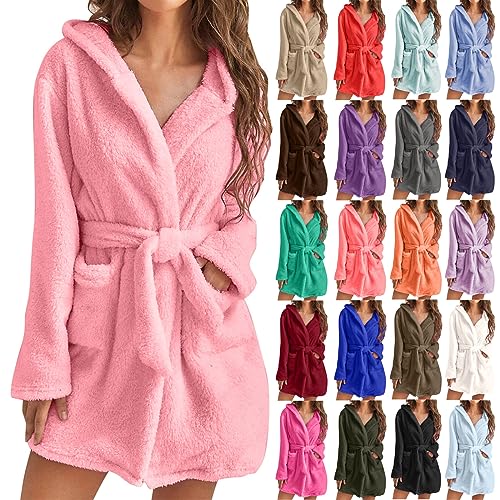 ThiCc Bata de sherpa para mujer, con capucha, forro polar, acogedora, suave, para otoño e invierno, cálida y esponjosa, con cinturón, cómoda ropa de descanso para clima frío, 2-Rosa, XL