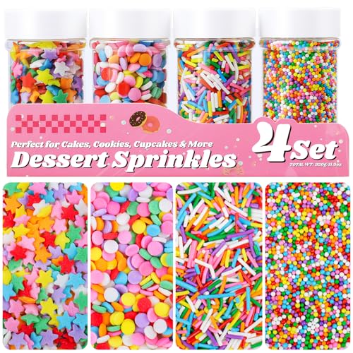 Image of Rainbow Sprinkles Edible Dot Sprinkles, 11.3oz Star Sprinkles for Ice Cream | 4 Jars Set with Nonpareils Confetti Jimmies Sprinkles for Cakes Cupcakes