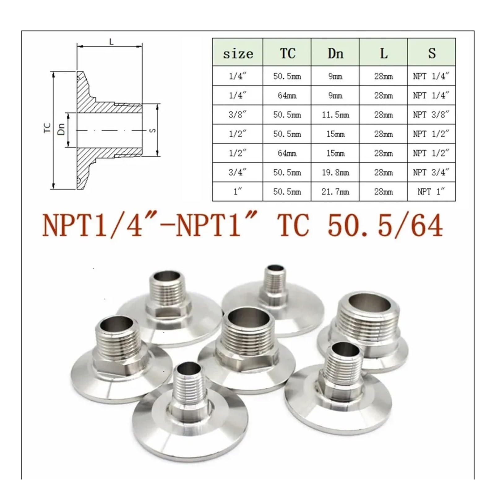 1/4 "3/8" 1/2 "3/4" 1 "NPT Maschio Femmina 0.5" 1.5 "2" Tri Morsetto Raccordo Connettore SUS304 In Acciaio Inox Homebrew(NPT Female,K34MM(0.75 INCH TC)_3/8")