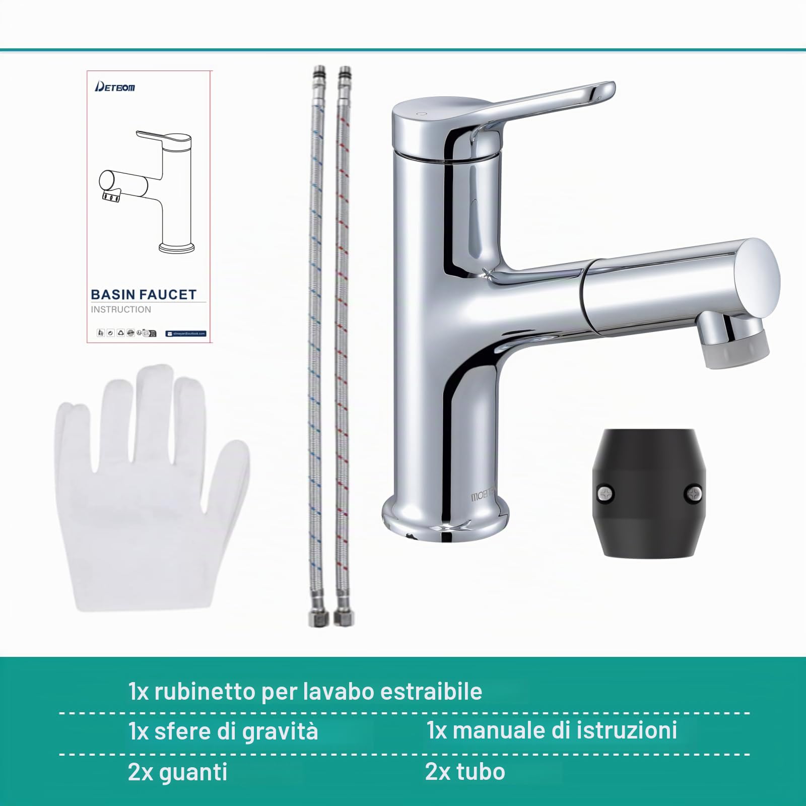 Rubinetto Bagno con Doccetta Estraibile a 2 Modalità, DETBOM Miscelatore Lavabo Bagno, Rubinetti Monocomando, Adatto Lavabo da Appoggio, Aeratore Rimovibile, Acqua Calda/Fredda, Senza Piombo, Cromato