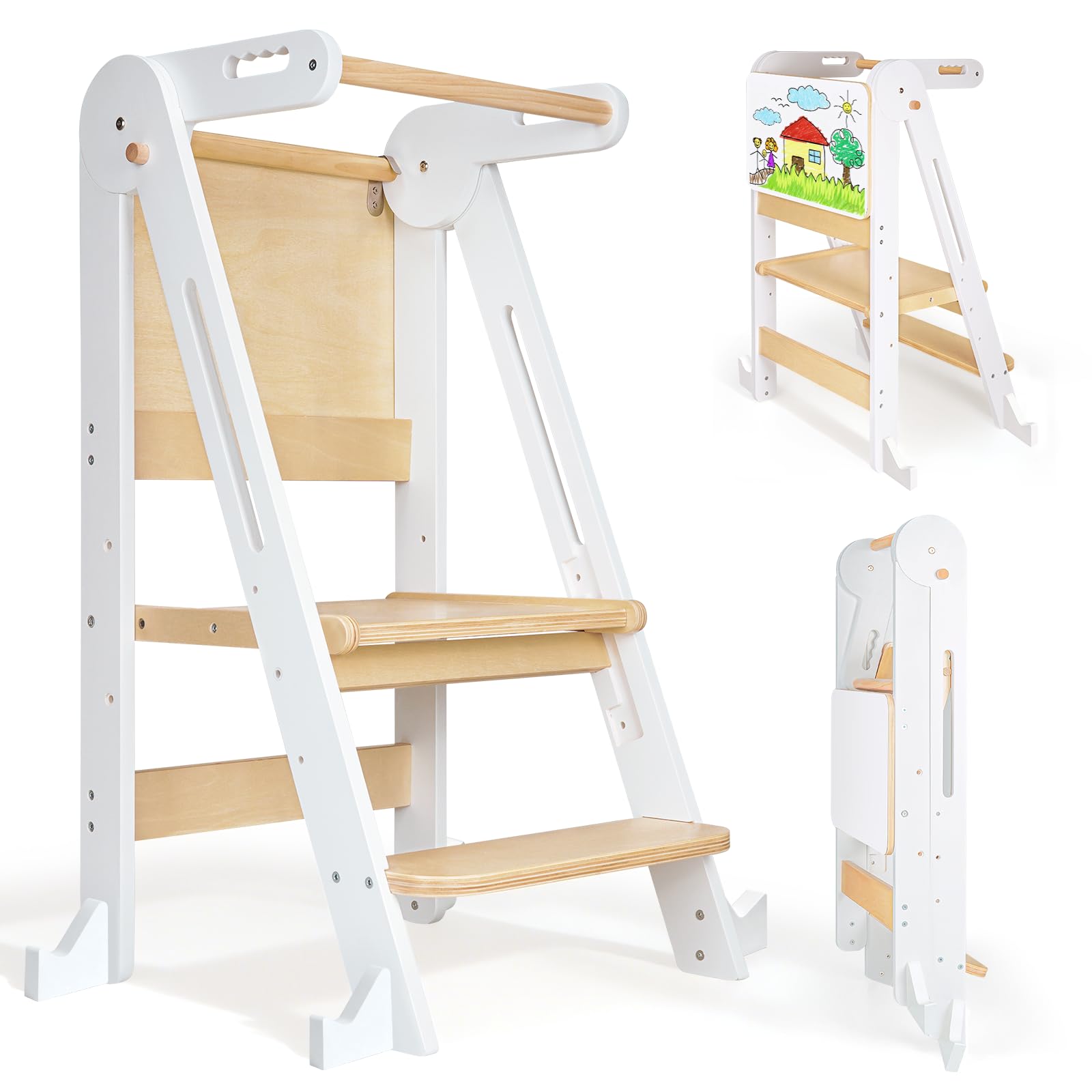 Lernturm ab 1 Jahr Klappbar Multifunktion Montessori Learning Tower Höhenverstellbar und Platzsparend mit Tafel Kippschutz & Anti-Rutsch-Trittfläche für Kinder Tritthocker, Schemel
