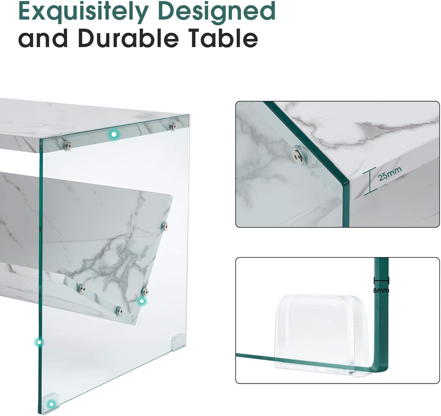 ivinta Rectangular Coffee Table with Storage, Modern Center Table with Tempered Glass Legs for Living Room, Home Office, 5771 (White)