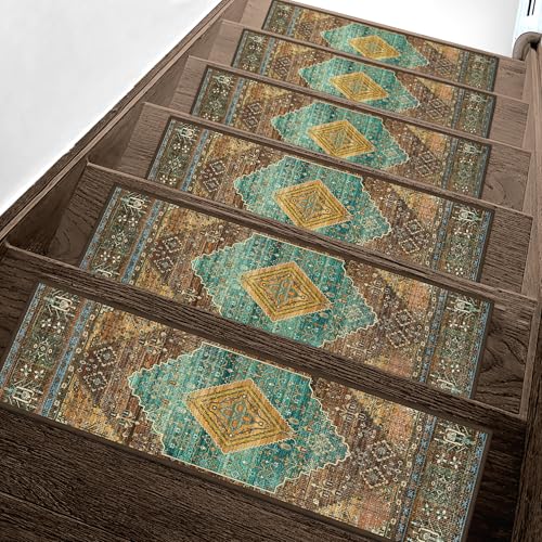 sarben 8"x30" Non Slip Stair Treads for Wooden Steps 15 Pack, Amber Cyan | Peel and Stick Carpet Stair Runner with TPE Adhesive Backing, Carpet for Added Safety, Pet and Senior Friendly