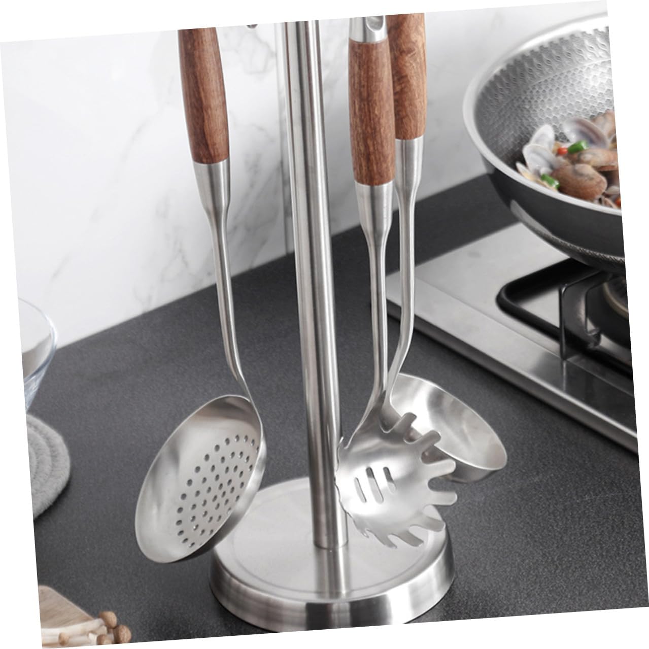 ARTIBETTER Stainless Steel Cooking Utensils Organizer Rack with 6 Hooks, Spatula and Spoon Storage Holder for Kitchen Counter, Multifunctional Shovel Rack for Home Kitchen Storage