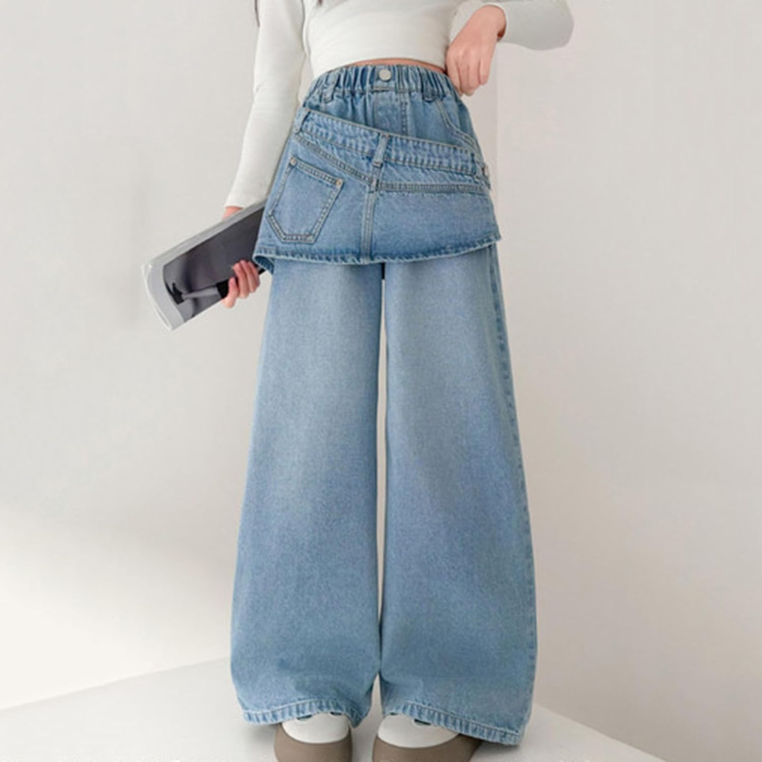 Tween Girls Baggy Jeans, Layered Hem Loose Fit Denim Trousers