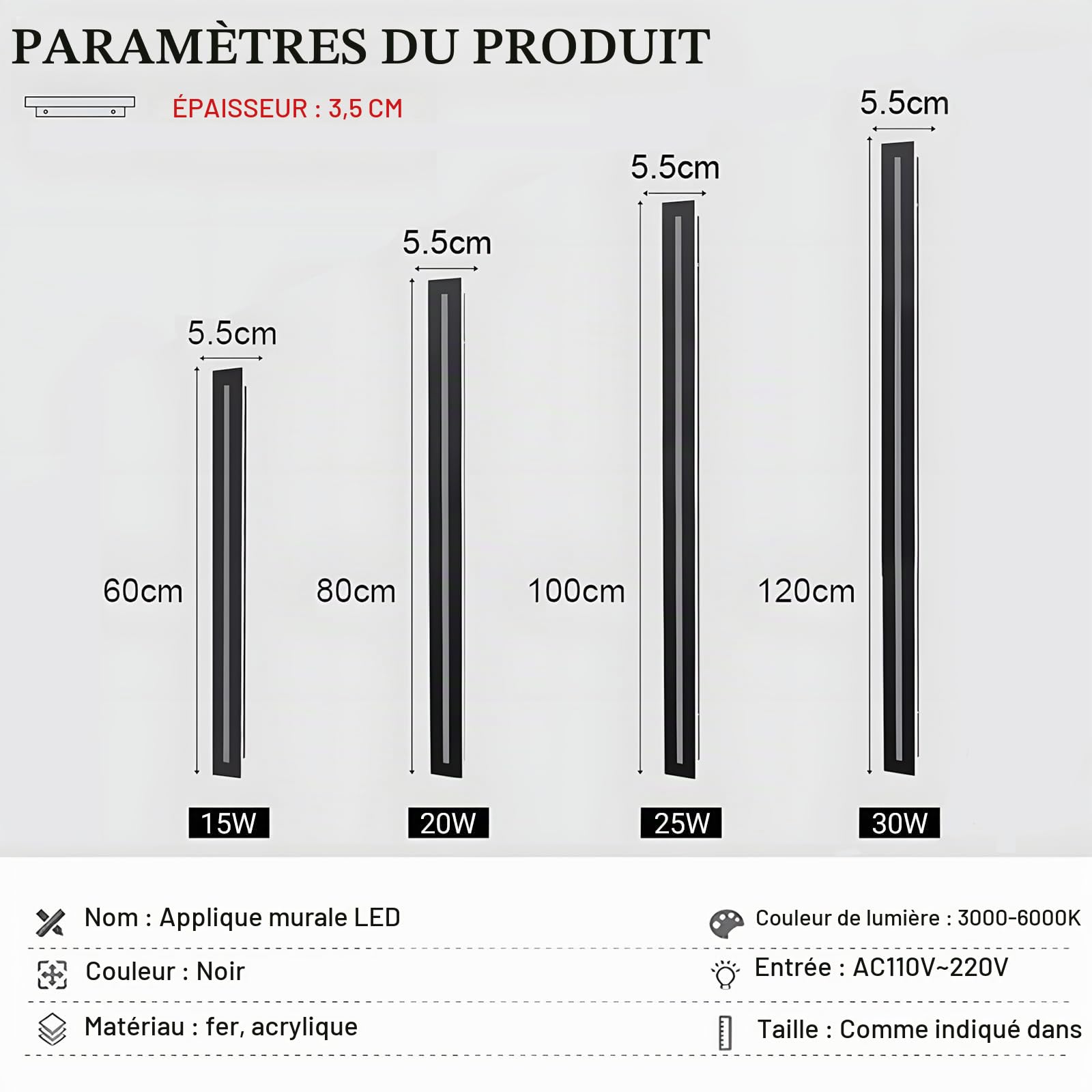 Applique Murale Intérieure,15W Lampe Murale Dimmable Noir 60CM