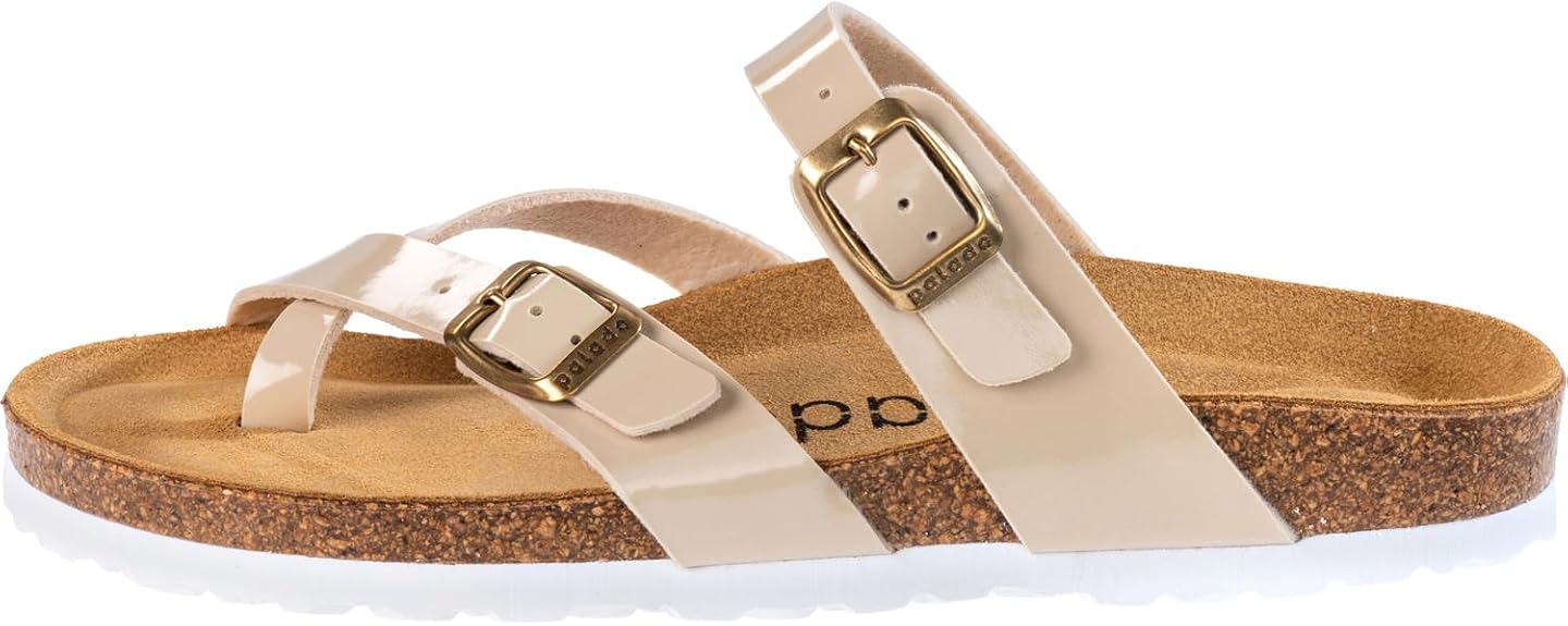 Palado Damen Pantoletten Cres Lack - Sandalen mit Riemen - extra bequeme Sandalen - Hausschuhe mit Natur Kork - mit Sohle aus Veloursleder