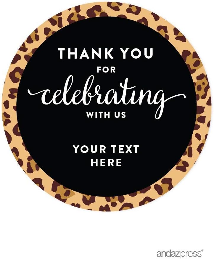 Andaz Press Personalized Birthday Round Circle Labels Stickers, Thank You for Celebrating with Us, Leopard Cheetah Print, 40-Pack, for Gifts and Party Favors, Custom Name