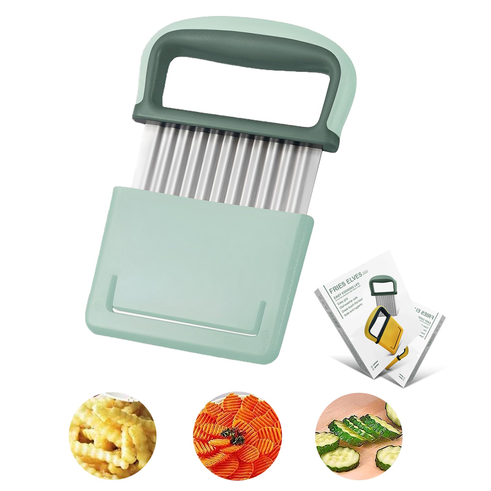 Senshuomy Crinkle Cutter Stainless Steel Potato Carrot Chip Vegetable Crinkle Wavy Chopper Cutter French Fry Slicer Potato Cutter (Green)