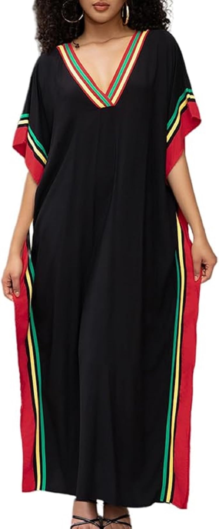 Women V-neck oversized vacation long dress beach coat loose jumpsuit long robe bikini smock