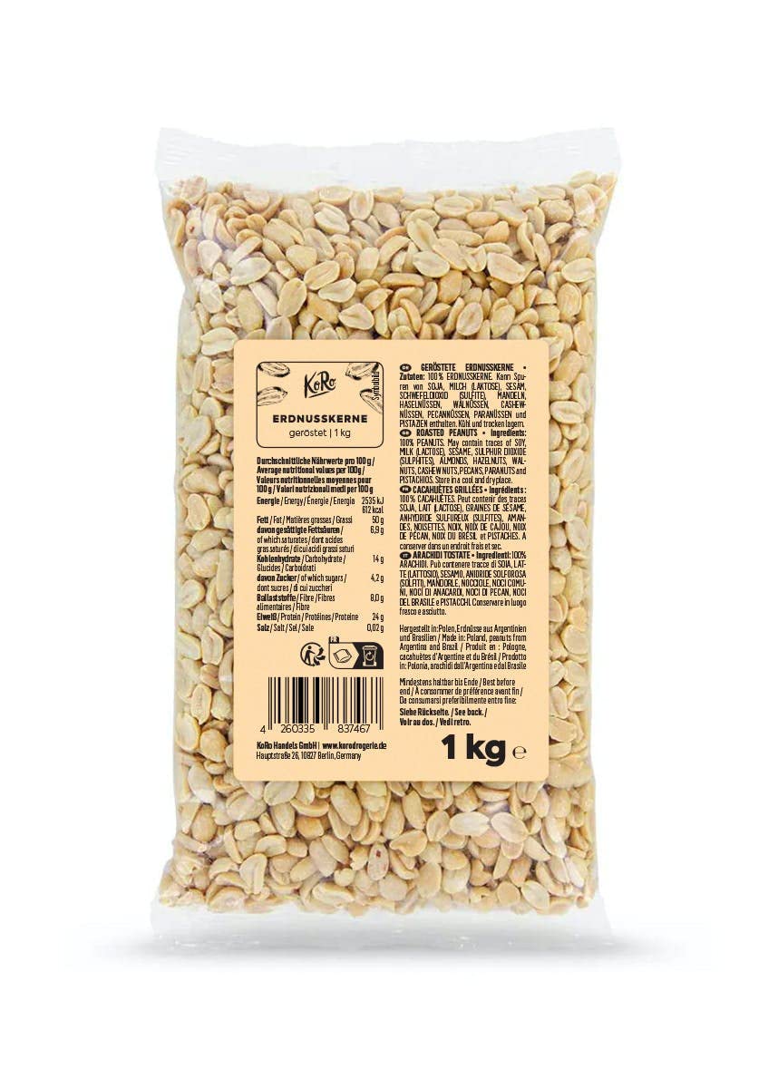 KoRo - Cacahuetes tostados sin sal ni aceite 1kg - gran paquete de cacahuetes naturales tostados sin sal, aditivos artificiales ni aceite