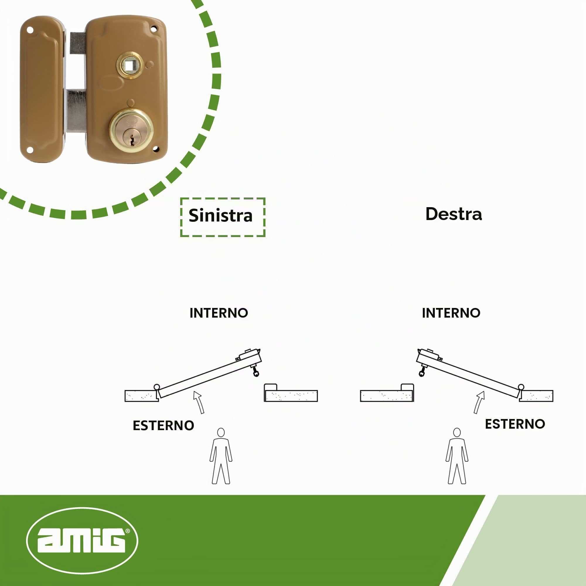 Amig - Serratura da sovrapposizione a sinistra con leva di chiusura, linguetta e maniglia per porte in legno mod. 75UN 66 x 120 mm Cilindro rotondo di sicurezza in acciaio dorato