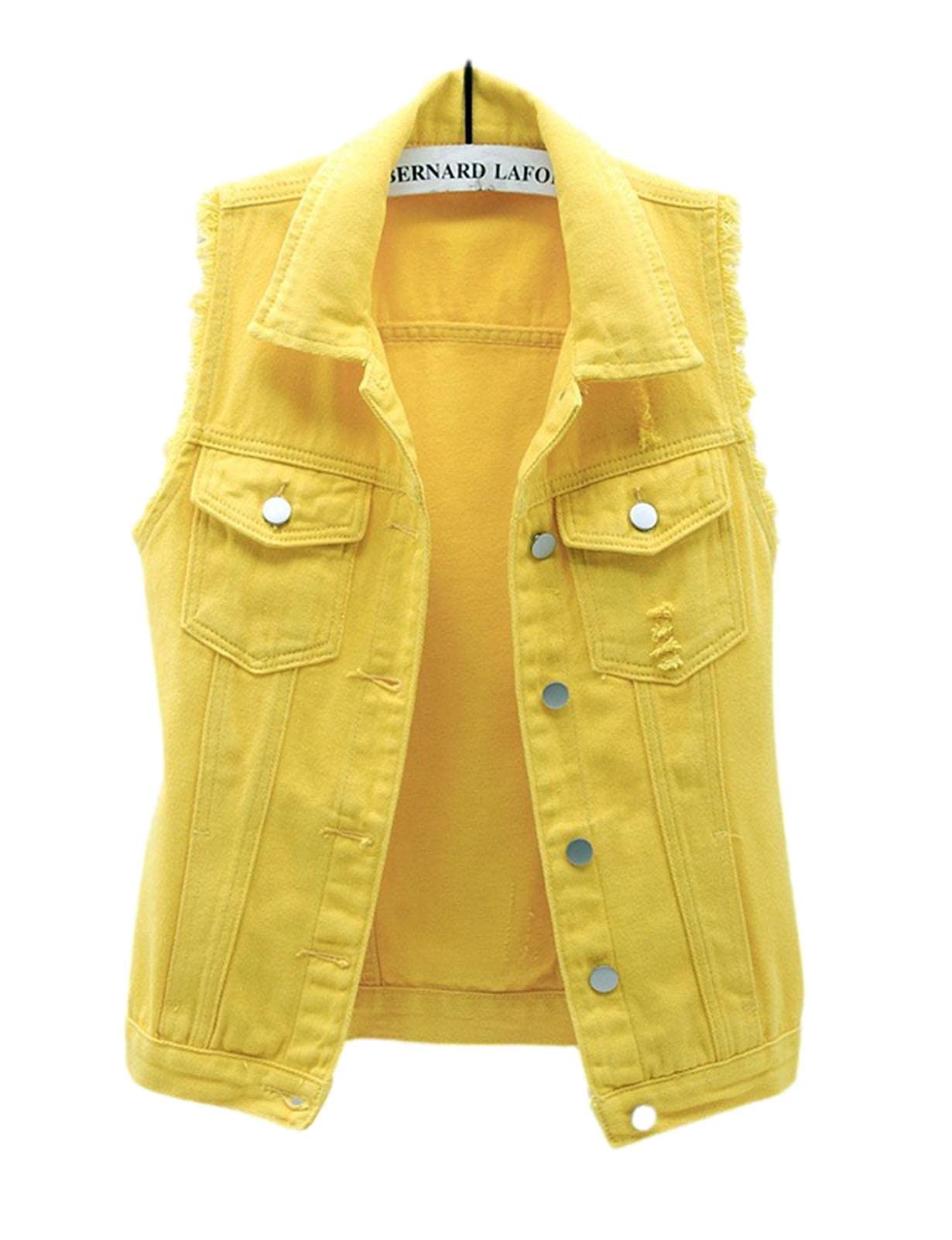 Idopy Women's Casual Denim Waistcoat Slim Fit Frayed Sleeveless Jacket Ripped Tops Denim Vest with Pockets Yellow M