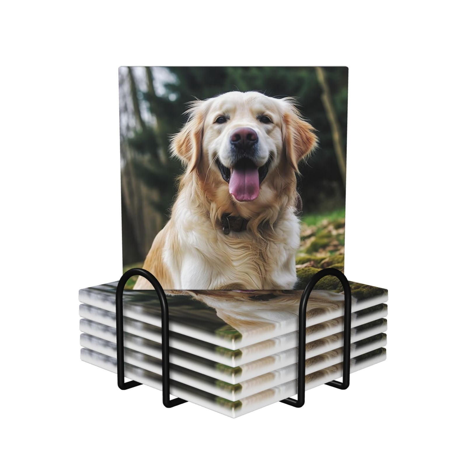 6Pcs Ceramics Coaster for Drinks, Funny Golden Retriever Cup Coasters with Holder, Aesthetic Drink Coasters for Coffee Table, Absorbent Round Coaster for Tabletop Protection 4" Cup Mat Pad