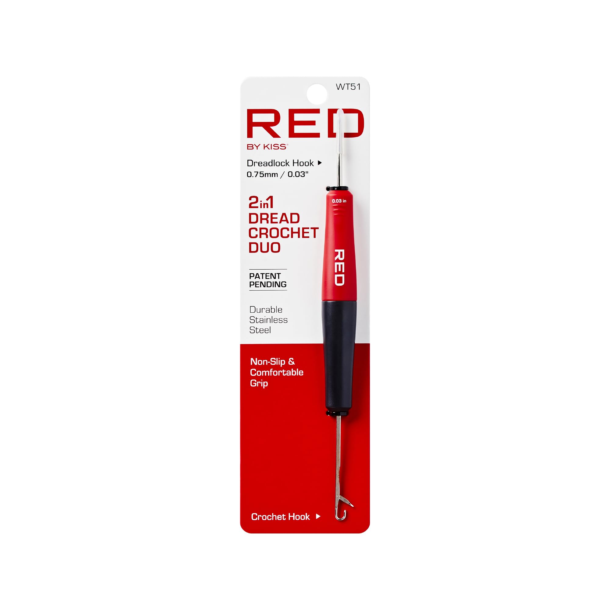 Red by Kiss Dread Crochet Hook Duo 2 en 1 de 0,75 mm, aguja de bloqueo y gancho de ganchillo para principiantes, agarre antideslizante, tejido de pelo para rastas retorcidas