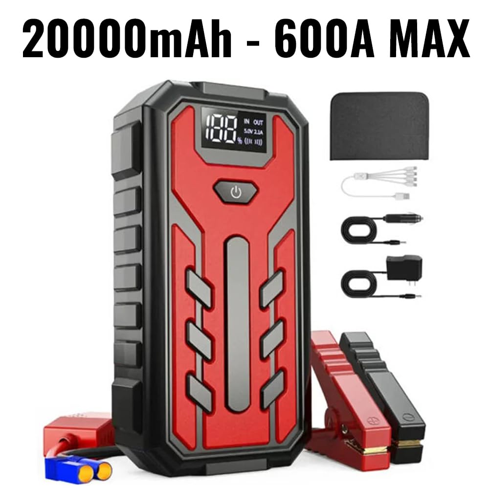 Avviatore di emergenza 20000mAh 12V 600A Booster per Batterie Auto Moto Scooter Camper Furgoni Benzina e Diesel Inclusa Borsa Rigida Batterie al Litio Luci Led di Emergenza 2 Porte USB