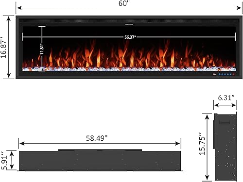 Miniatura 2 de Benrocks Calentador de chimenea eléctrico inteligente de 60 pulgadas de ancho, chimenea sintética empotrada y montada en la pared con control remoto