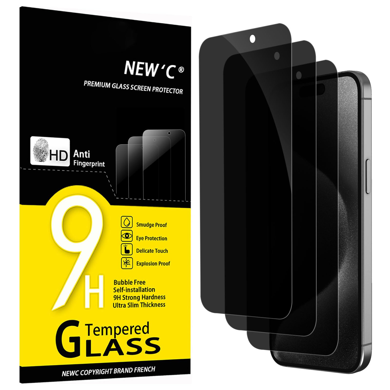 NEW'C 3 Pezzi, Pellicola Protettiva Privacy per iPhone 15 Pro Max, iPhone 15 Plus (6,7 Pollici), Angolo di Privacy 28 Gradi Bilanciato con Protezione per Gli Occhi, Durezza Resistente 9H, Senza Bolle