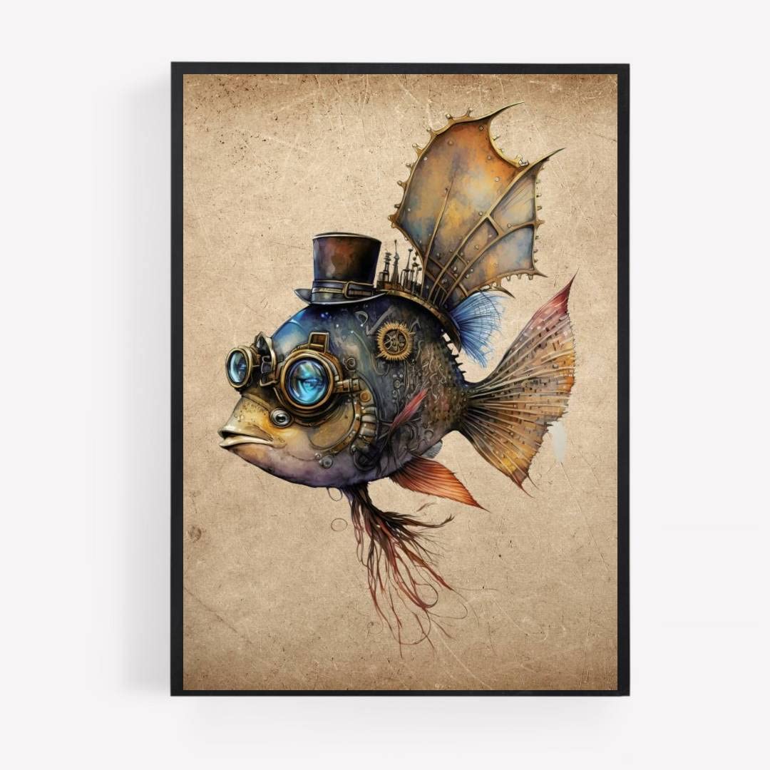 Gfc Gold Steam Punk Steampunk Fish Print Picture Poster Hipster Dapper Vinatge Style A4 Unframed Wall Art Home Decor Decorating Gift