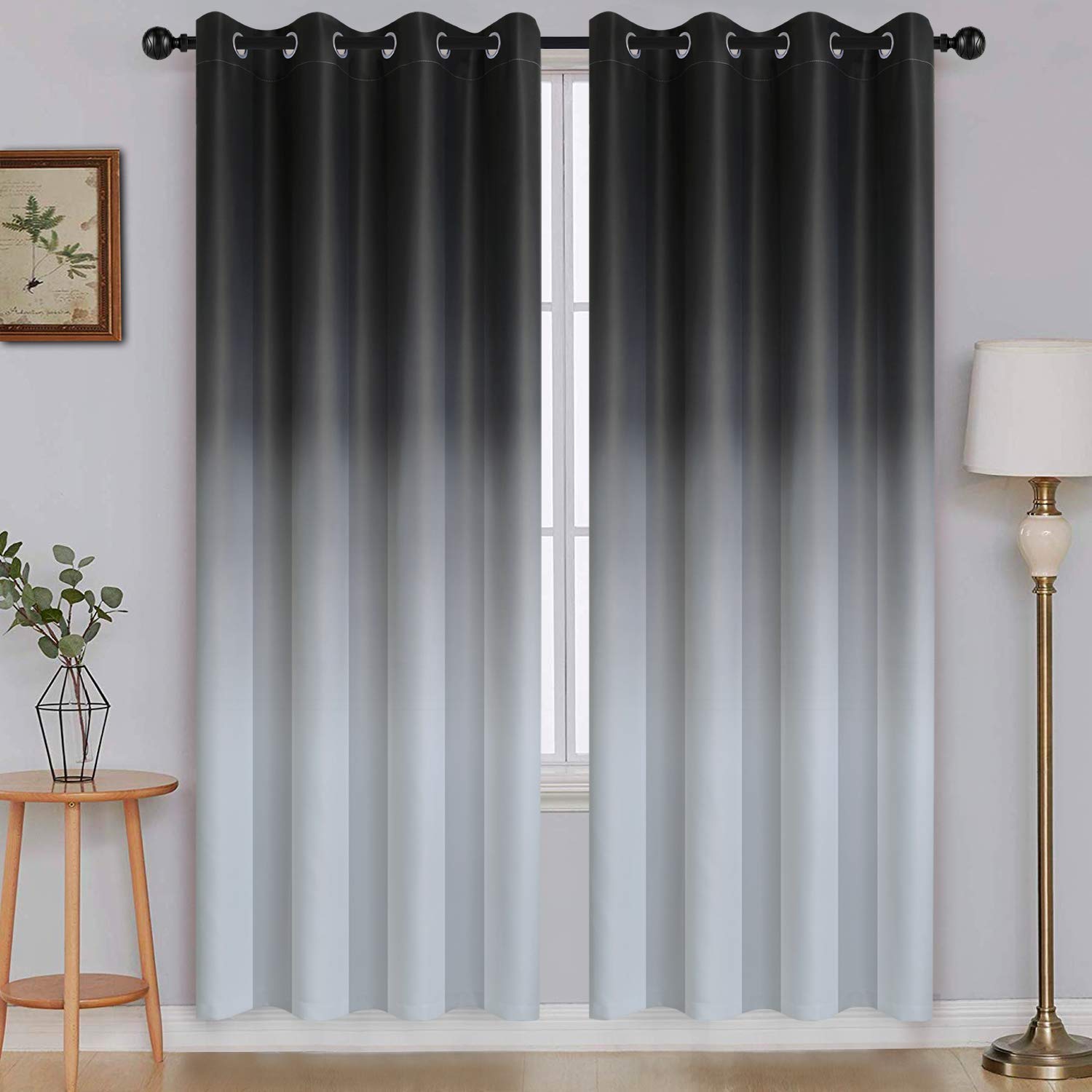 SimpleHome Ombre Room Darkening Curtains for Living Room, Light Blocking Gradient Black to Grey White Thick Thermal Insulated Grommet Window Curtains/Drapes for Bedroom, 2 Panels, 52x72 inches Length — image 1
