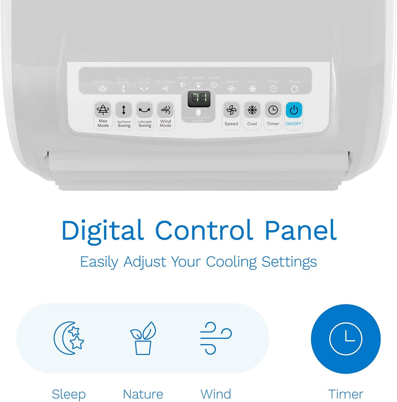 Close-up of the hOmeLabs Evaporative Cooler's digital control panel with buttons for Sleep, Nature, Wind, and Timer modes.