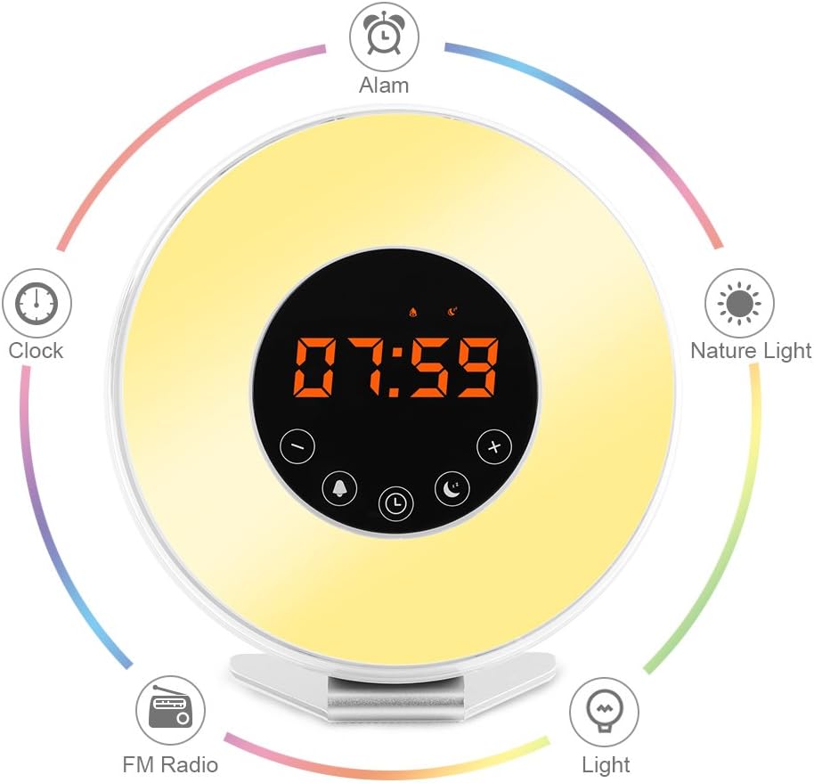 Wake Up Light Alarm Clock, Oxygentle Touch Control Night Light with Sunrise Simulation, Easy-Press Snooze Function, 7 Color Light, 6 Nature Sounds, FM Radio Alarm