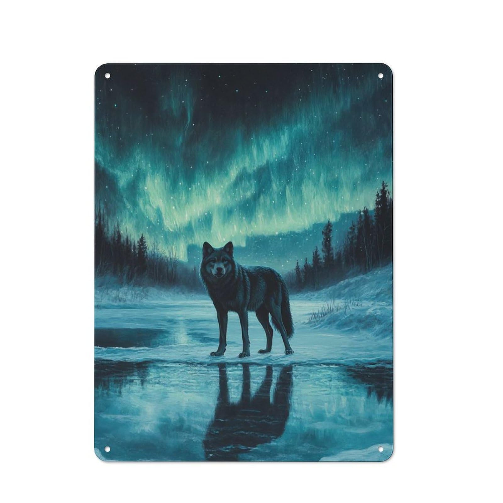 Junmoney Wolf Under Aurora Borealis Retro Tin Wall Plaque 40X30cm For Dining Room Or Kitchen, For Home Decor Collectors